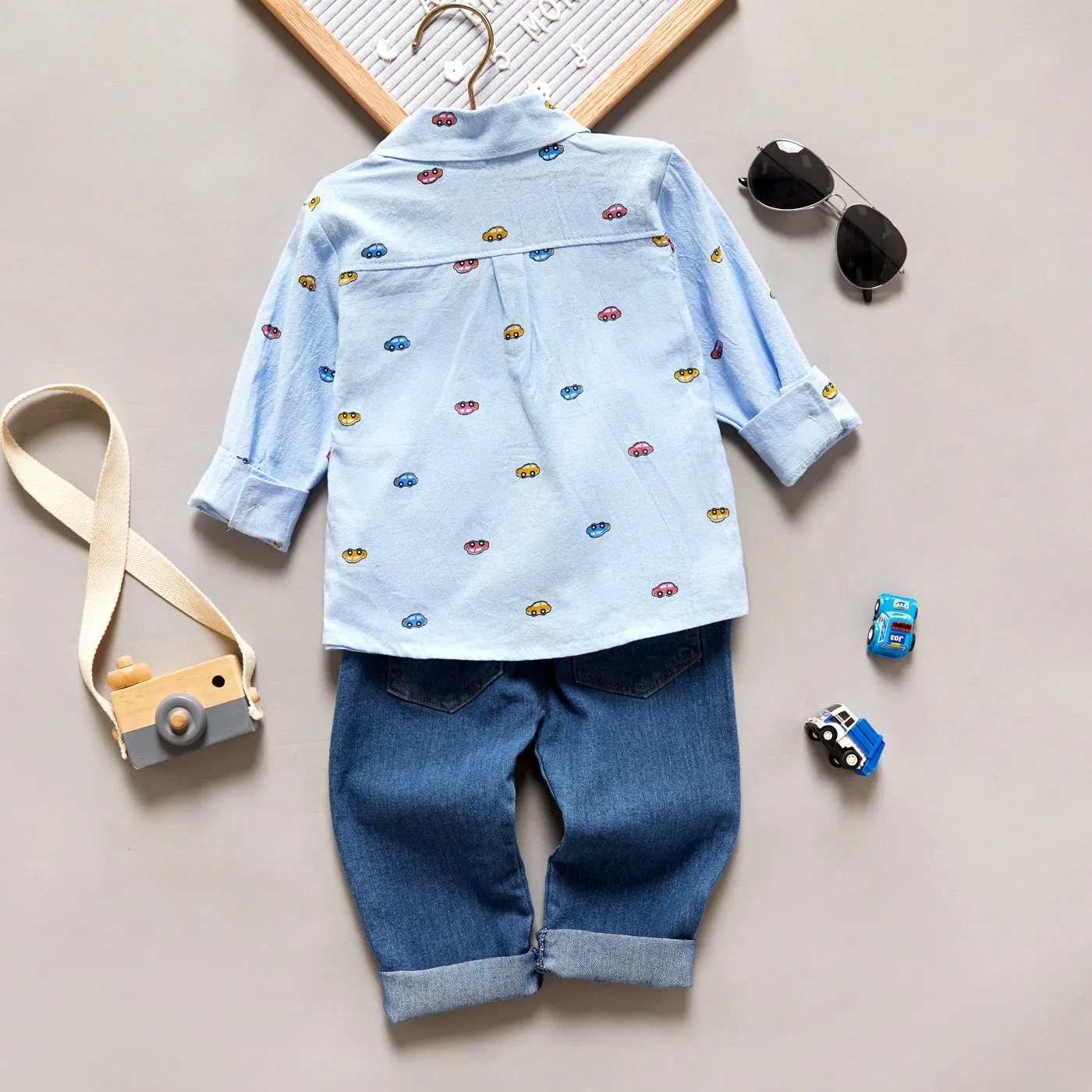 2-piece Toddler Boy Car Print Lapel Collar Button Down Long-sleeve Shirt and Jeans Denim Pants Set