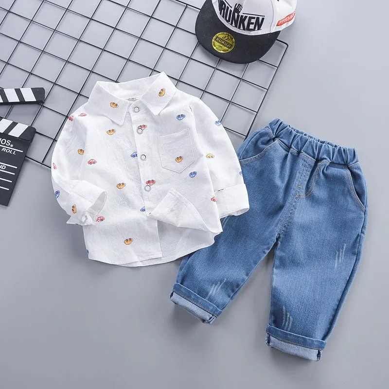 2-piece Toddler Boy Car Print Lapel Collar Button Down Long-sleeve Shirt and Jeans Denim Pants Set