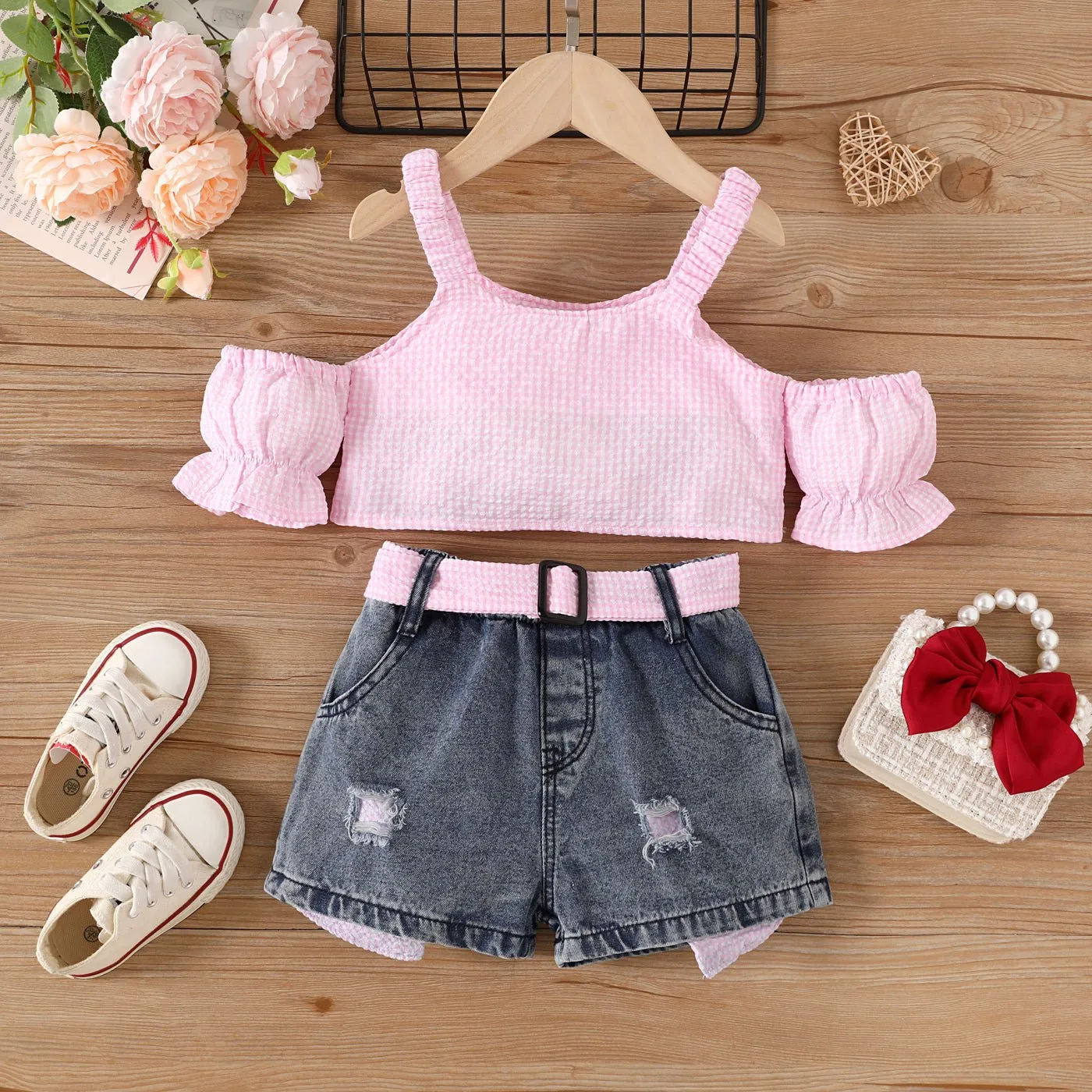 2pcs Toddler Girl Trendy Ripped Denim Shorts and Cold Shoulder Plaid Camisole Set