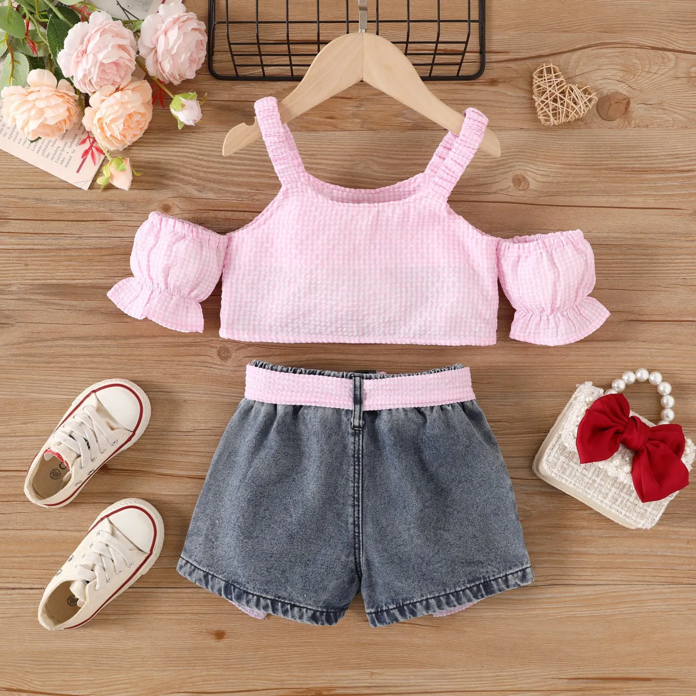 2pcs Toddler Girl Trendy Ripped Denim Shorts and Cold Shoulder Plaid Camisole Set