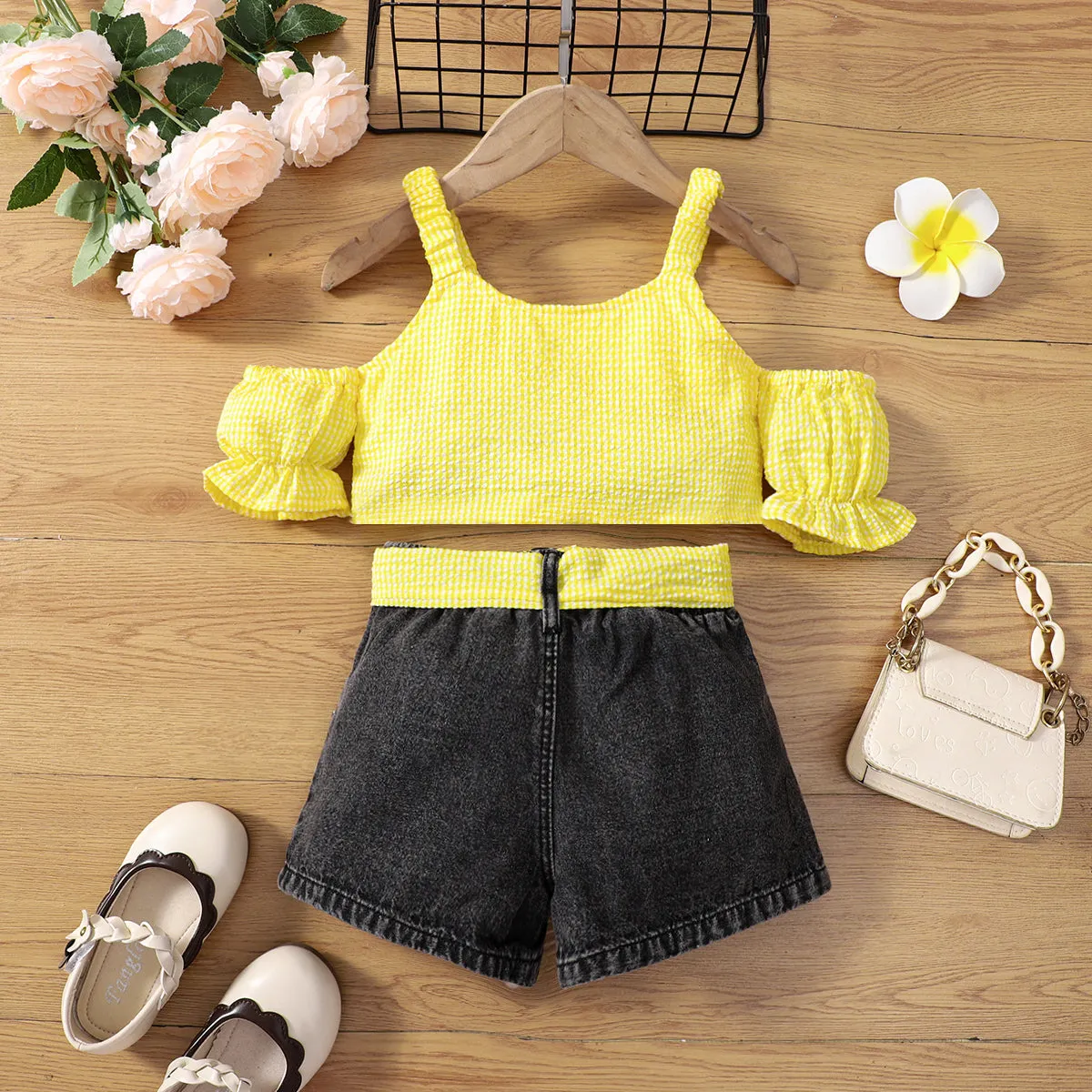 2pcs Toddler Girl Trendy Ripped Denim Shorts and Cold Shoulder Plaid Camisole Set