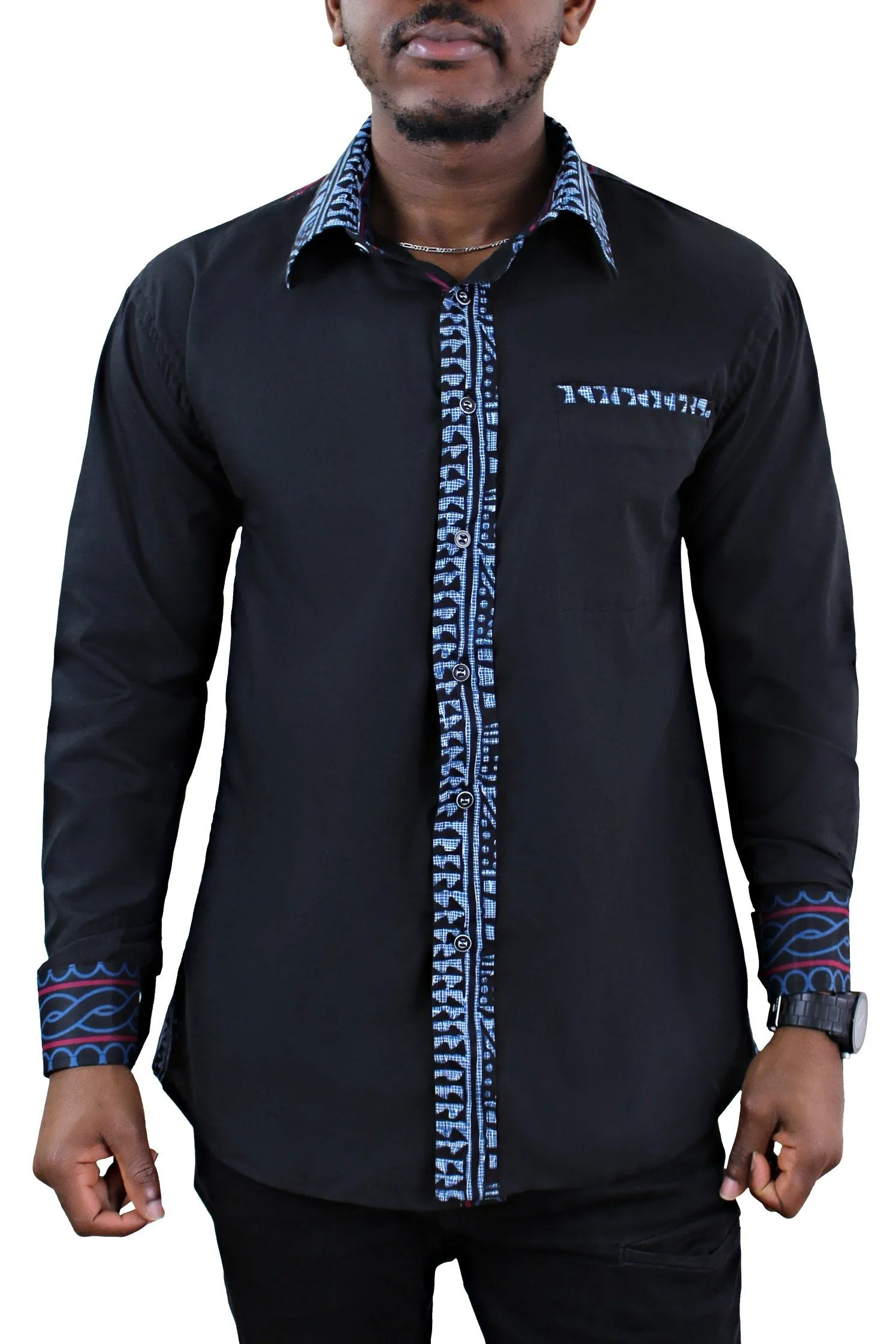 Bamileke African Print Long Sleeve Men's Shirt - Black