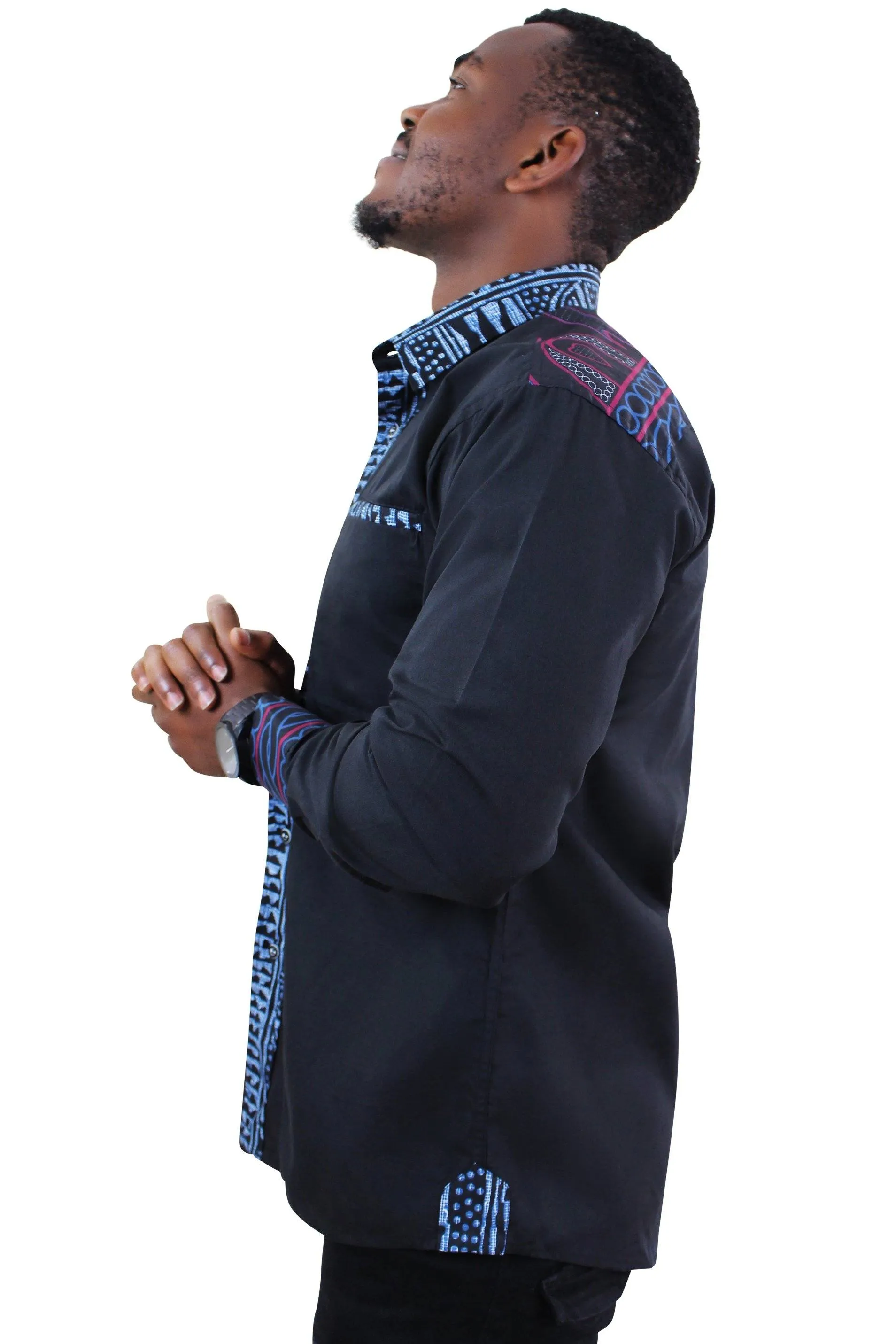 Bamileke African Print Long Sleeve Men's Shirt - Black