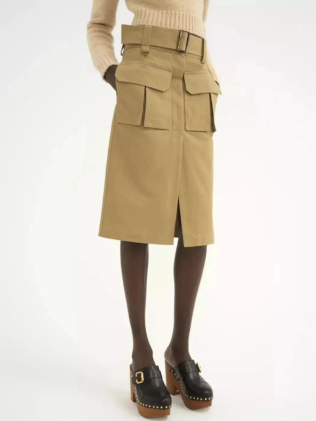 Belted Hidden-Button-Closure Cargo Skirt