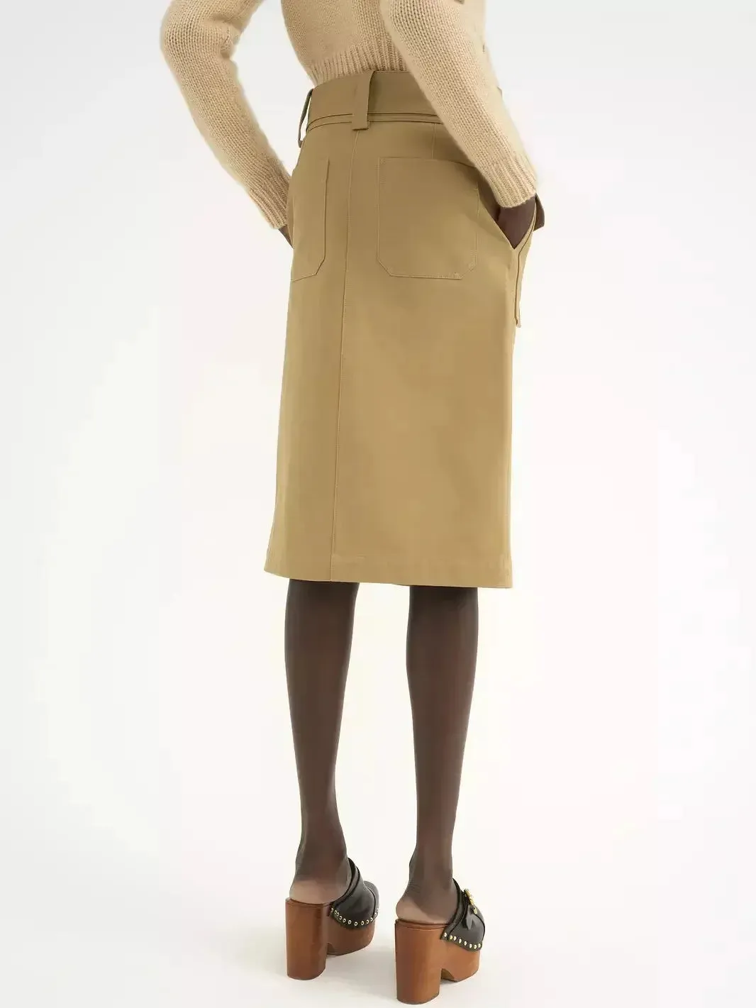 Belted Hidden-Button-Closure Cargo Skirt