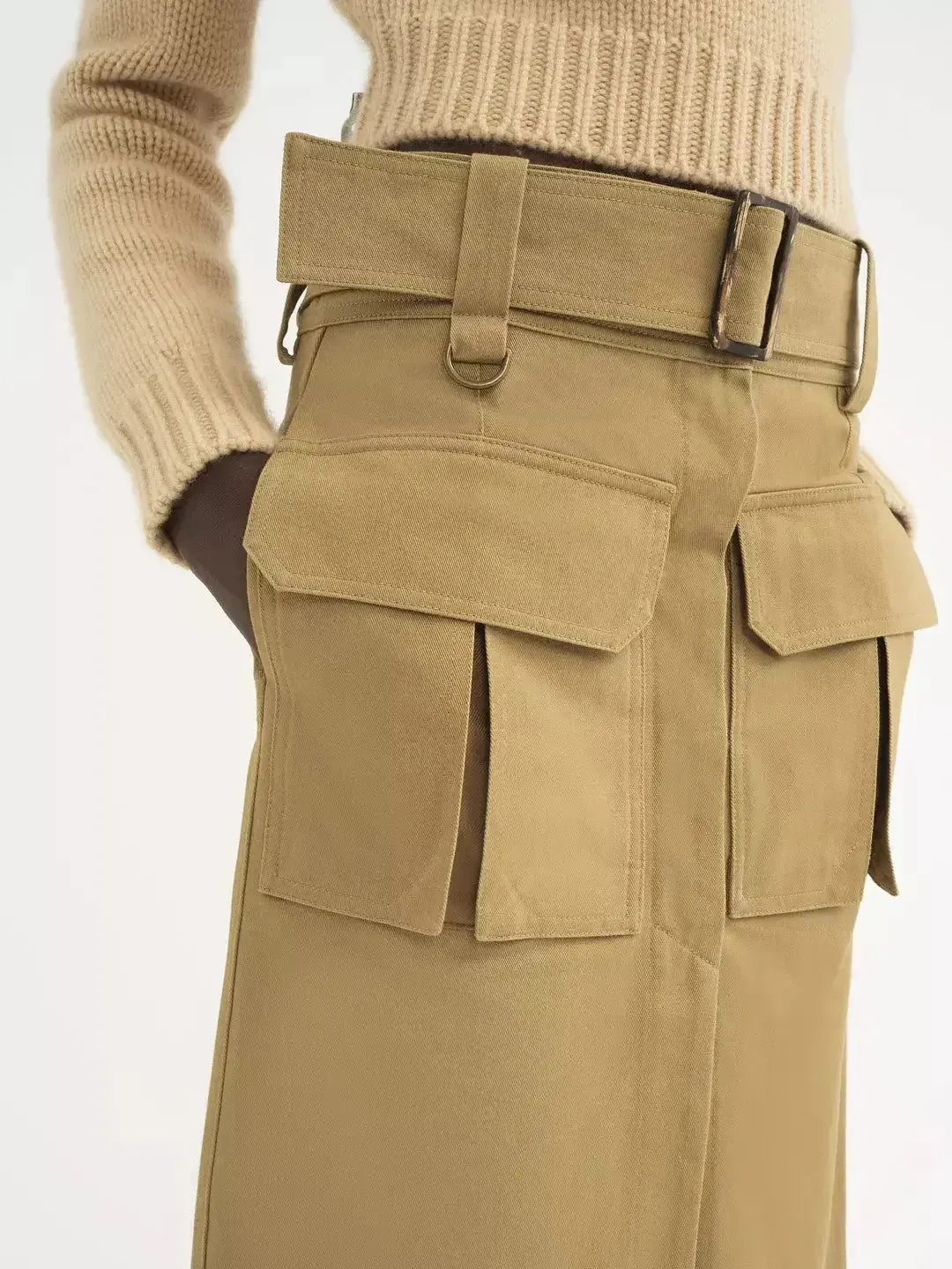 Belted Hidden-Button-Closure Cargo Skirt