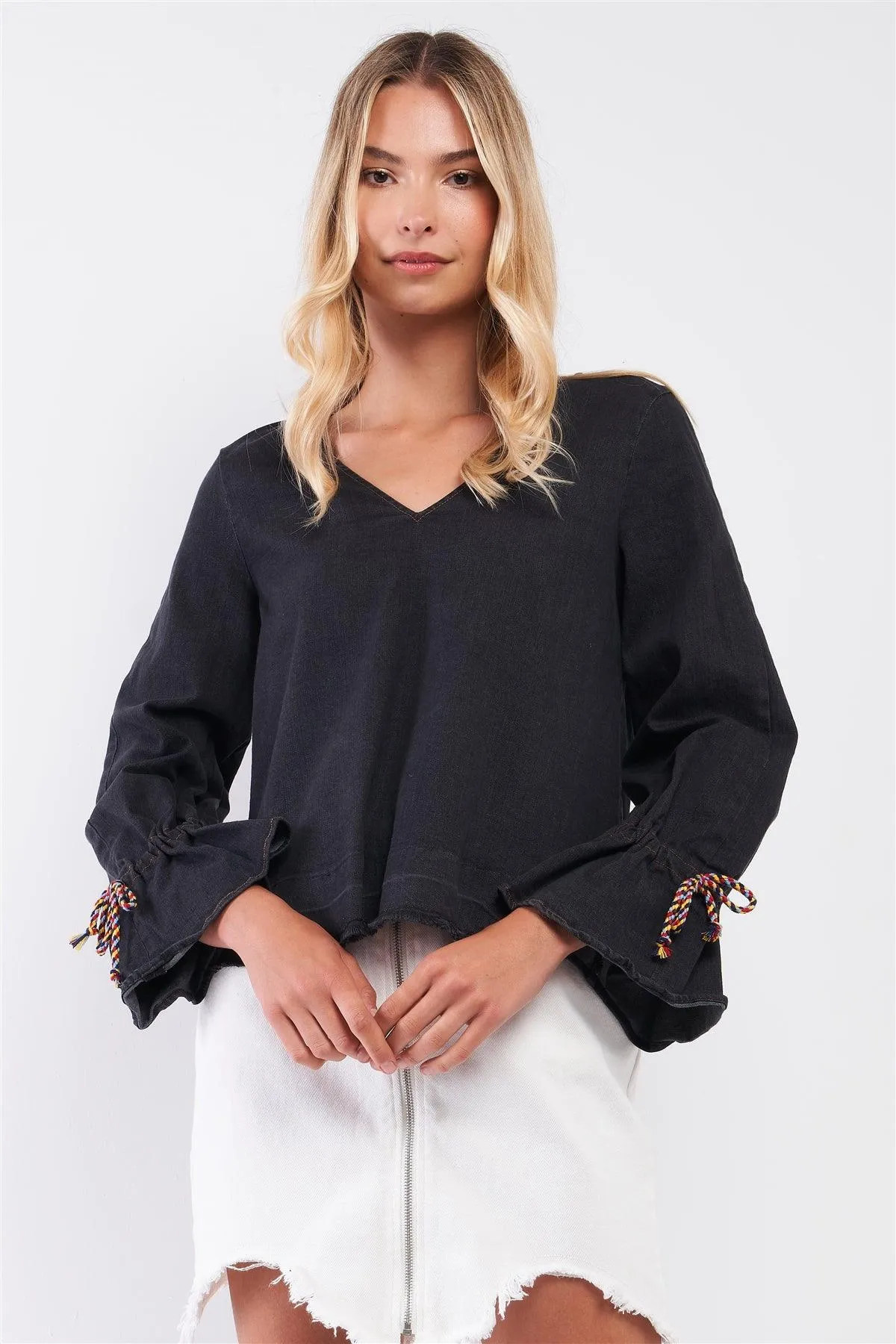 Black Denim V-Neck Long Rainbow Sack-Tie Flare Sleeve Detail Raw Hem Loose Fit Top /1-2-2-1