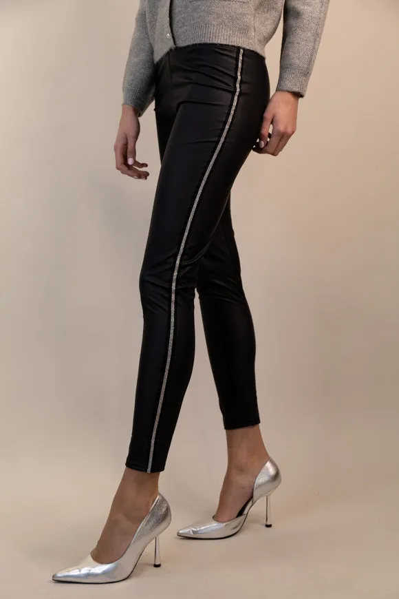 Black PU Embellished Stripe Leggings