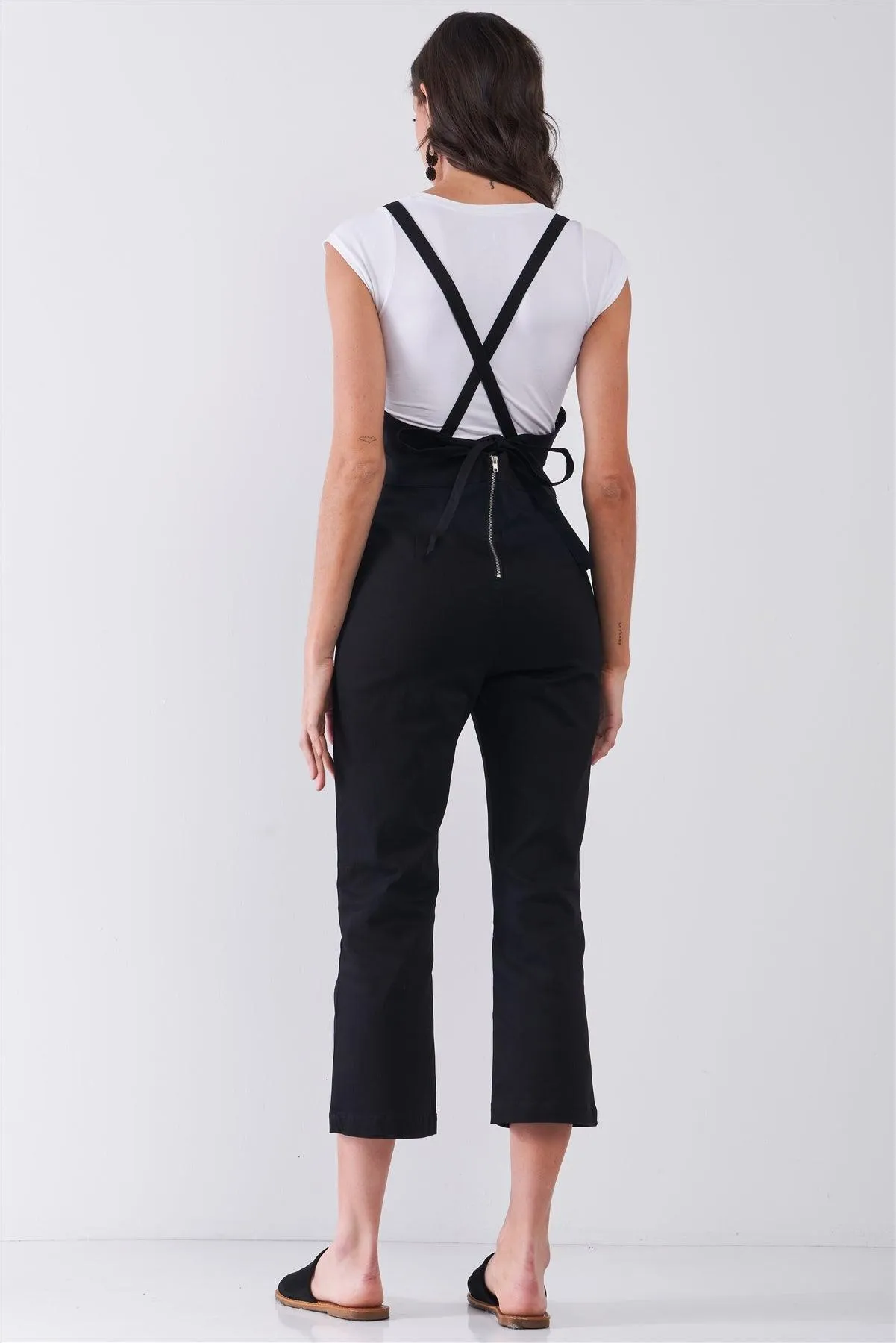 Black Sleeveless Square Neck Criss Cross Back Ankle Length Denim Jumpsuit /1-1-2-2