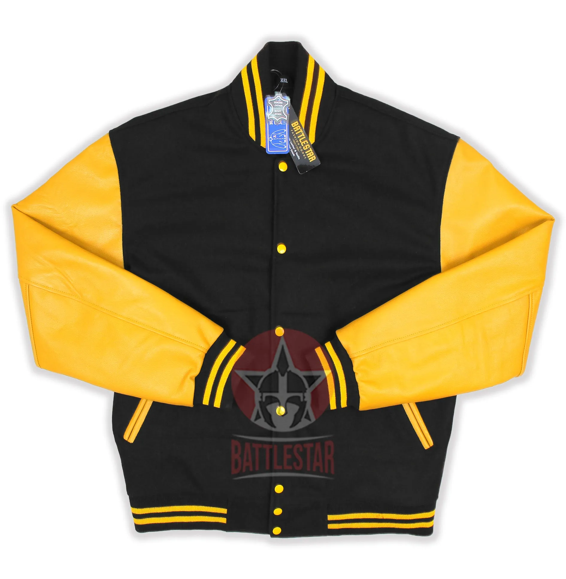 Black Wool Gold Yellow Leather Sleeves Varsity Jacket