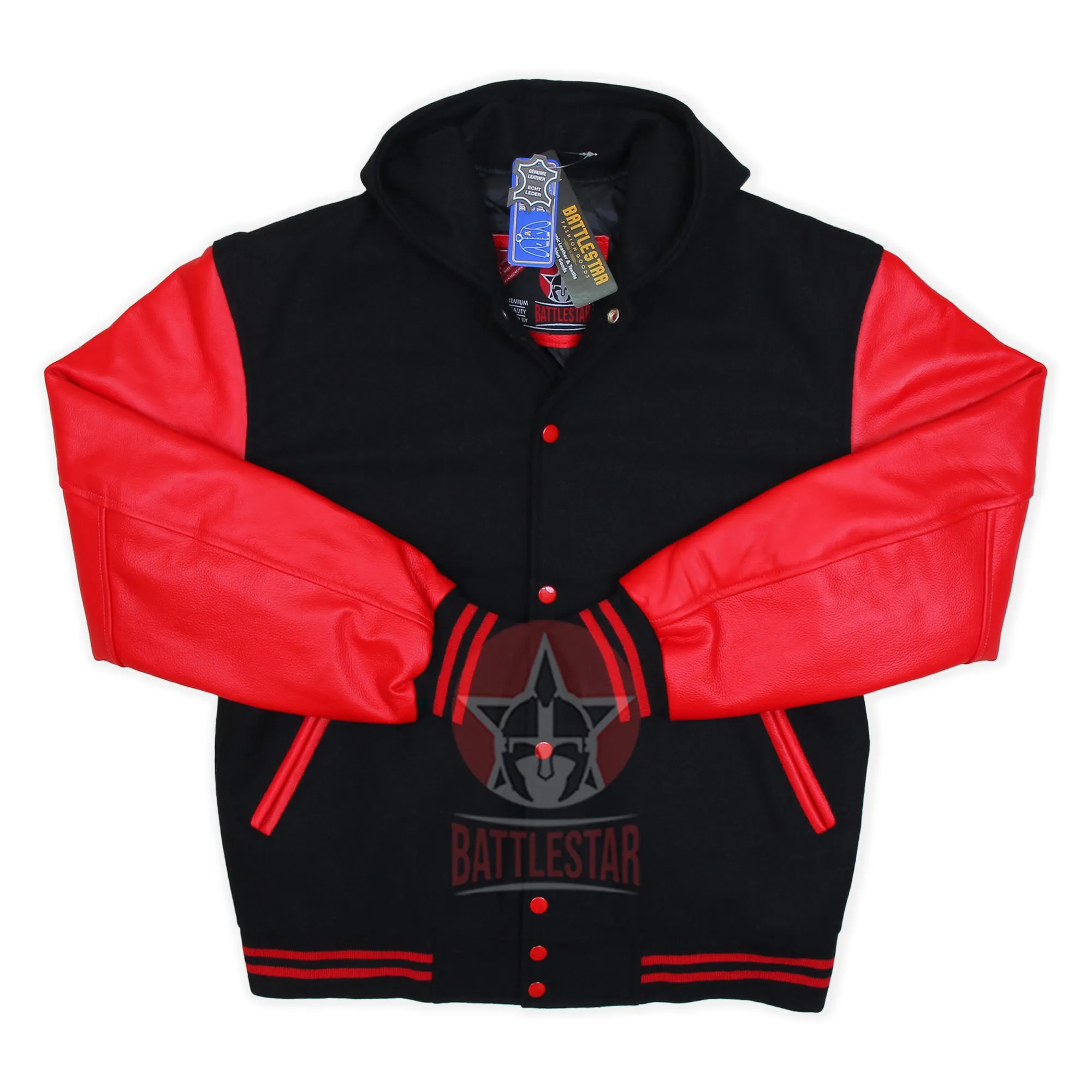 Black Wool Hooded Varsity Jacket Red Leather Sleeves