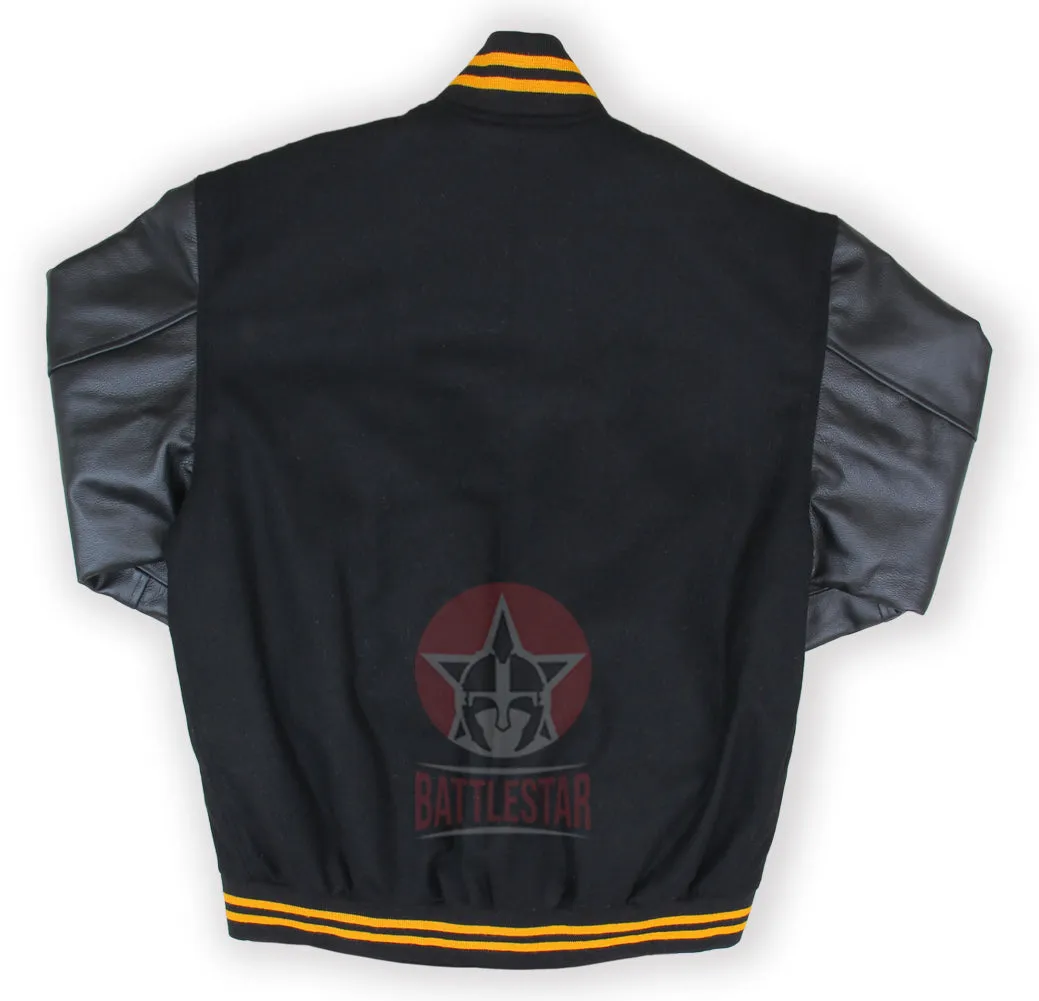 Black Wool Leather Sleeves Gold Rib Varsity Jacket