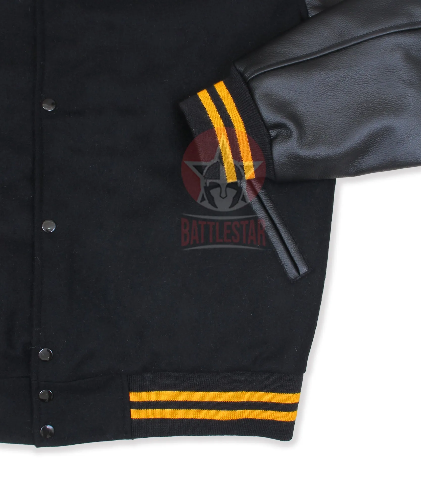 Black Wool Leather Sleeves Gold Rib Varsity Jacket