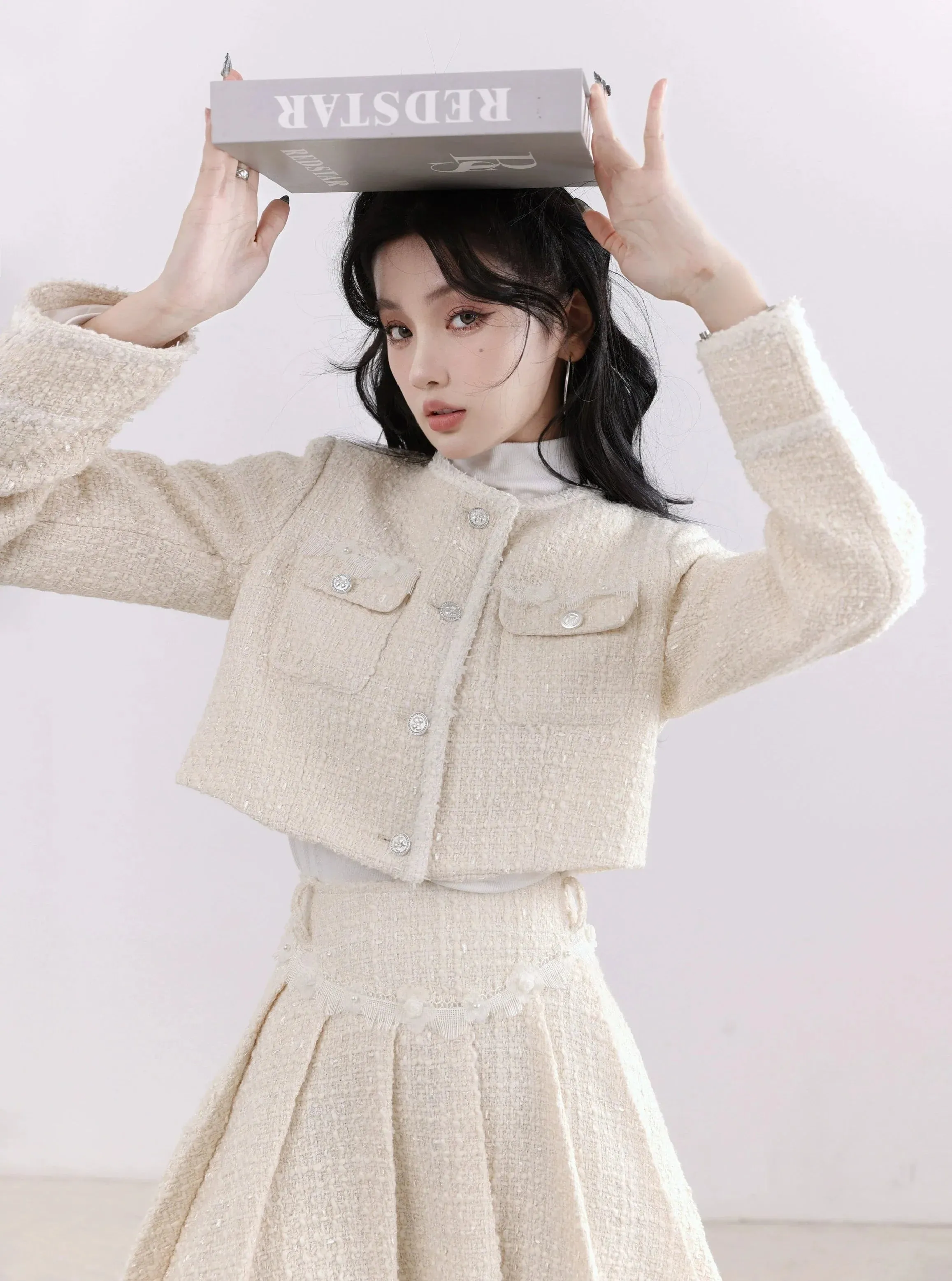 Chanel-Inspired Tweed Crop Jacket and Pleated Skirt Set - Ivory Elegance