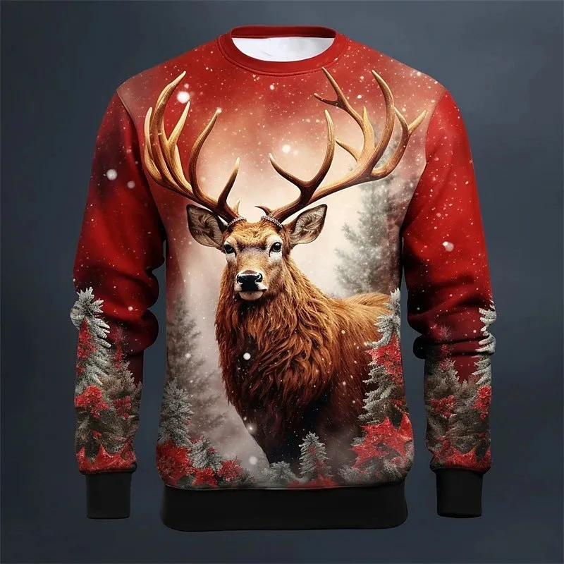 Christmas Elk Printing Round Neck Sweater Base Shirt Color Matching