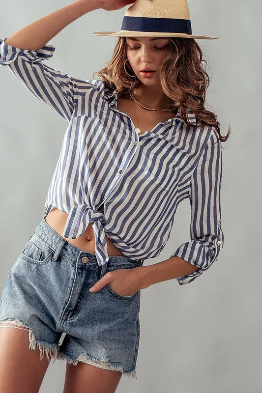 Collar Hem Tie Stripe Shirt Blue