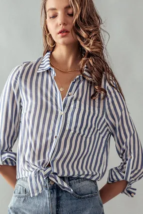 Collar Hem Tie Stripe Shirt Blue