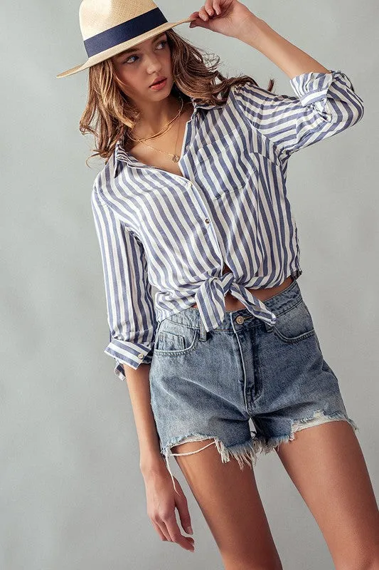 Collar Hem Tie Stripe Shirt Blue