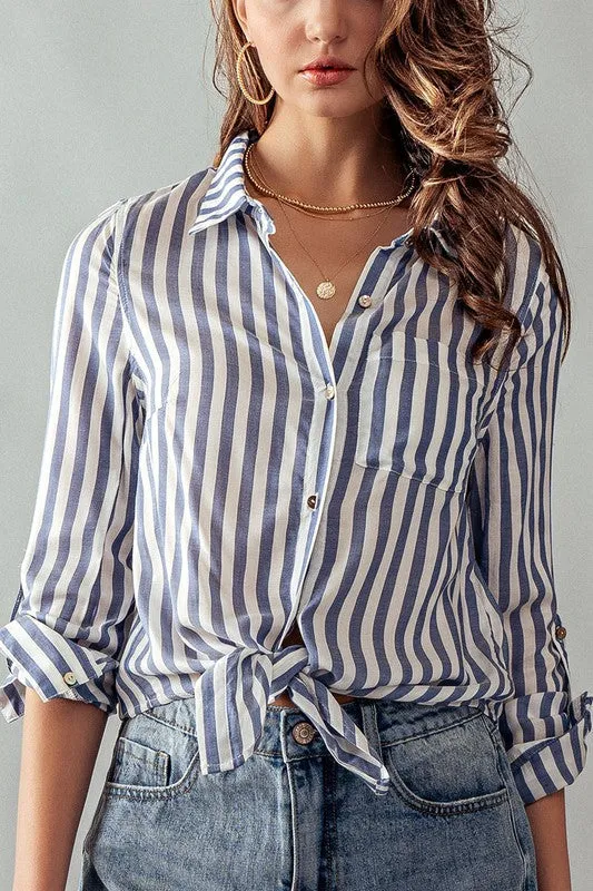 Collar Hem Tie Stripe Shirt Blue