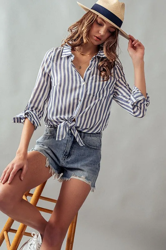 Collar Hem Tie Stripe Shirt Blue