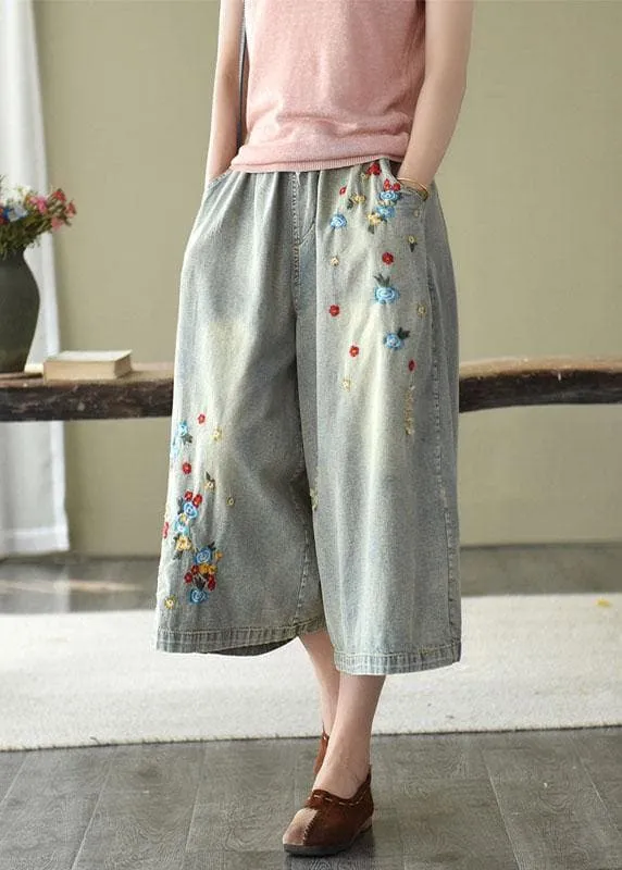 Comfy Dark color Embroideried Hole Wide Leg denim Pants