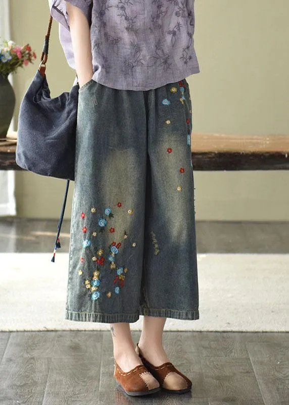 Comfy Grey Embroideried Wide Leg denim Pants For Women