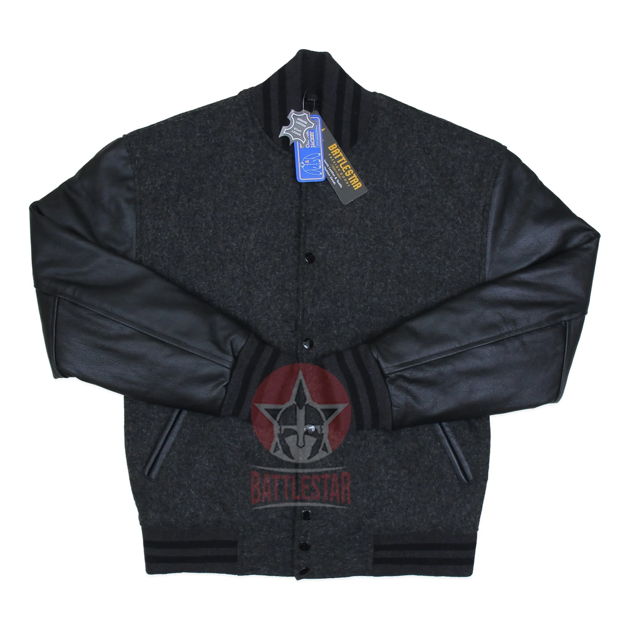 Dark Gray Wool Black Leather Sleeves Varsity Baseball Jacket