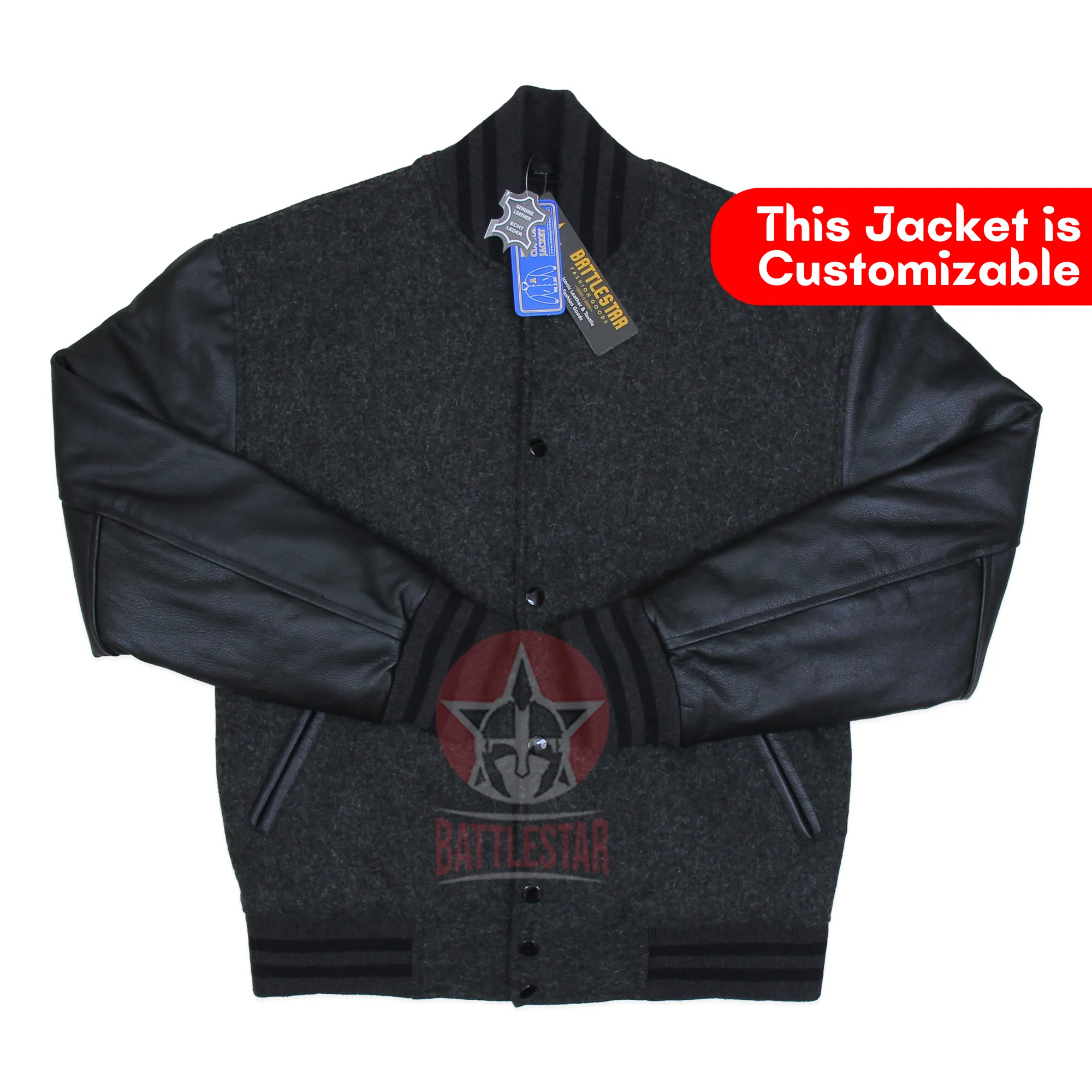 Dark Gray Wool Black Leather Sleeves Varsity Baseball Jacket