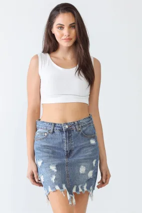 Denim Cotton Five Pocket Trim Distressed Torn Hem High Waist Mini Skirt