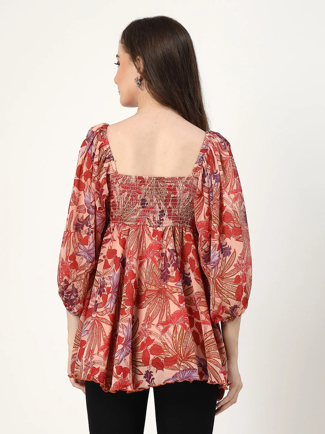 Floral Print Flowy Top with Front Rushing and Back Smoking