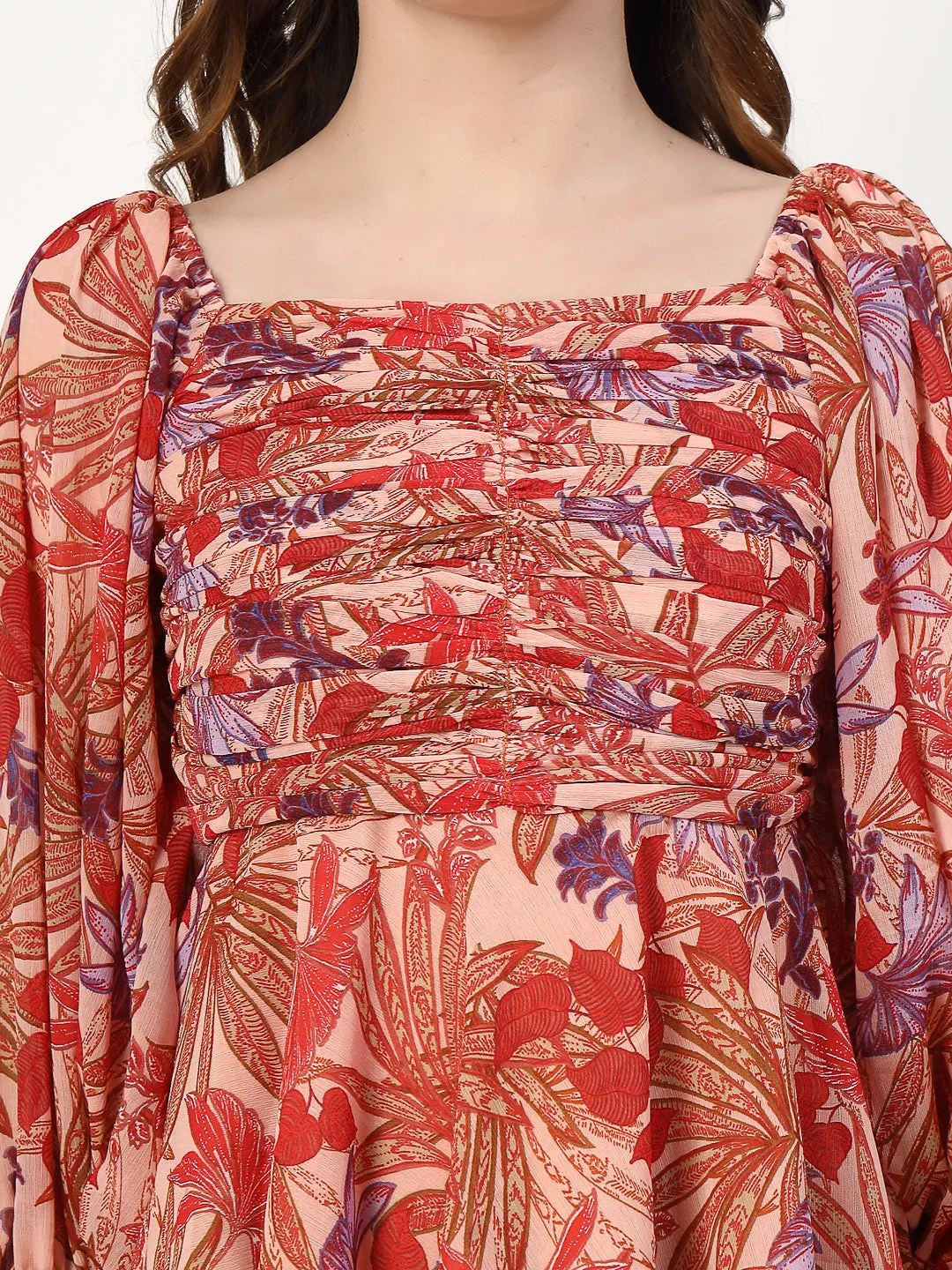 Floral Print Flowy Top with Front Rushing and Back Smoking