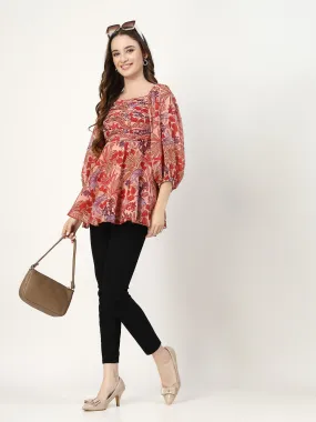 Floral Print Flowy Top with Front Rushing and Back Smoking