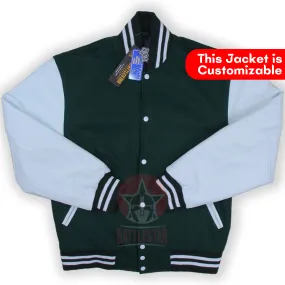 Forest Green Wool White Leather Sleeves  Varsity Jacket