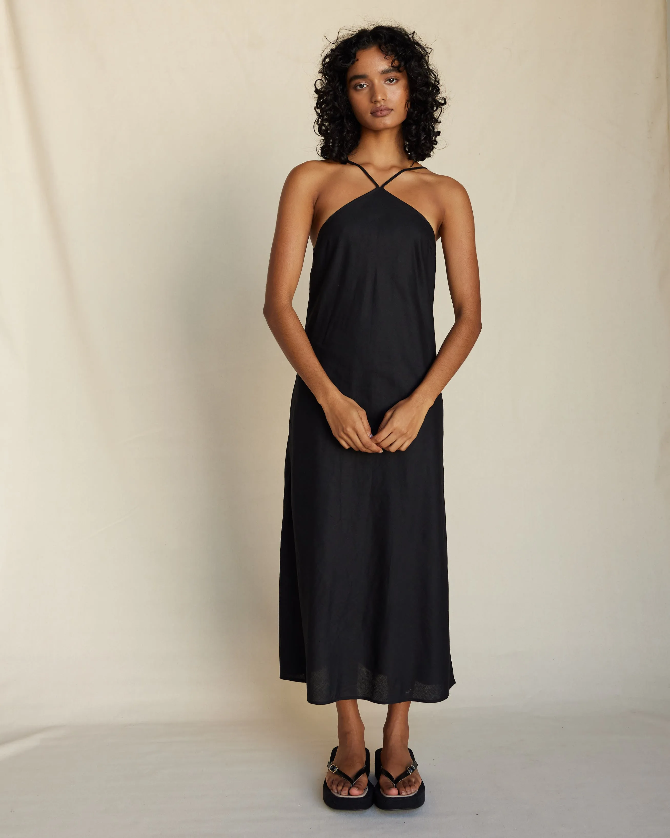 Krisha Linen Halter Midi Dress - Black