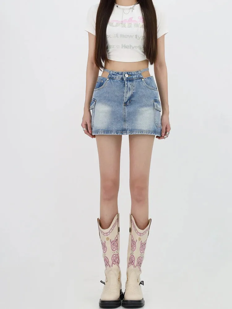 Lace Up Cargo Denim Mini Skirt