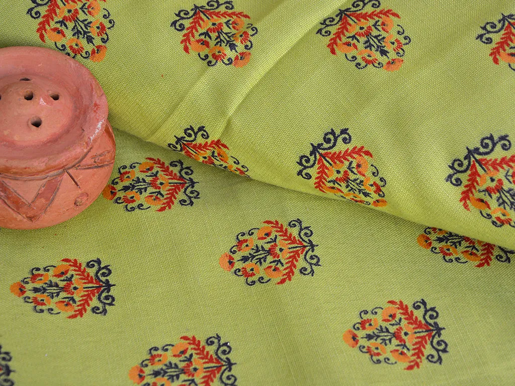 Light Green Motifs Digital Printed Slub Cotton Fabric