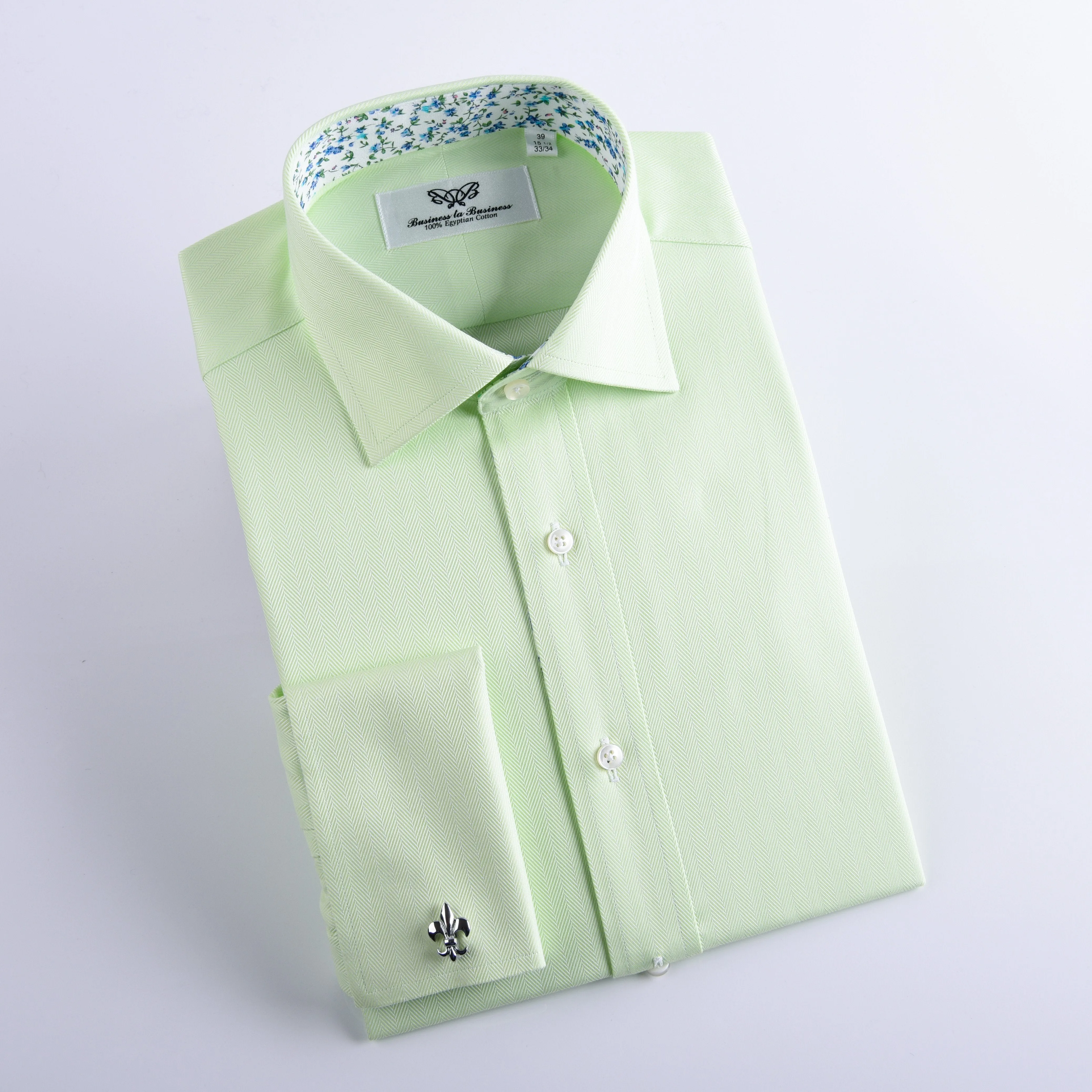 Lime Green Herringbone Twill Formal Business Dress Shirt in French Cuffs