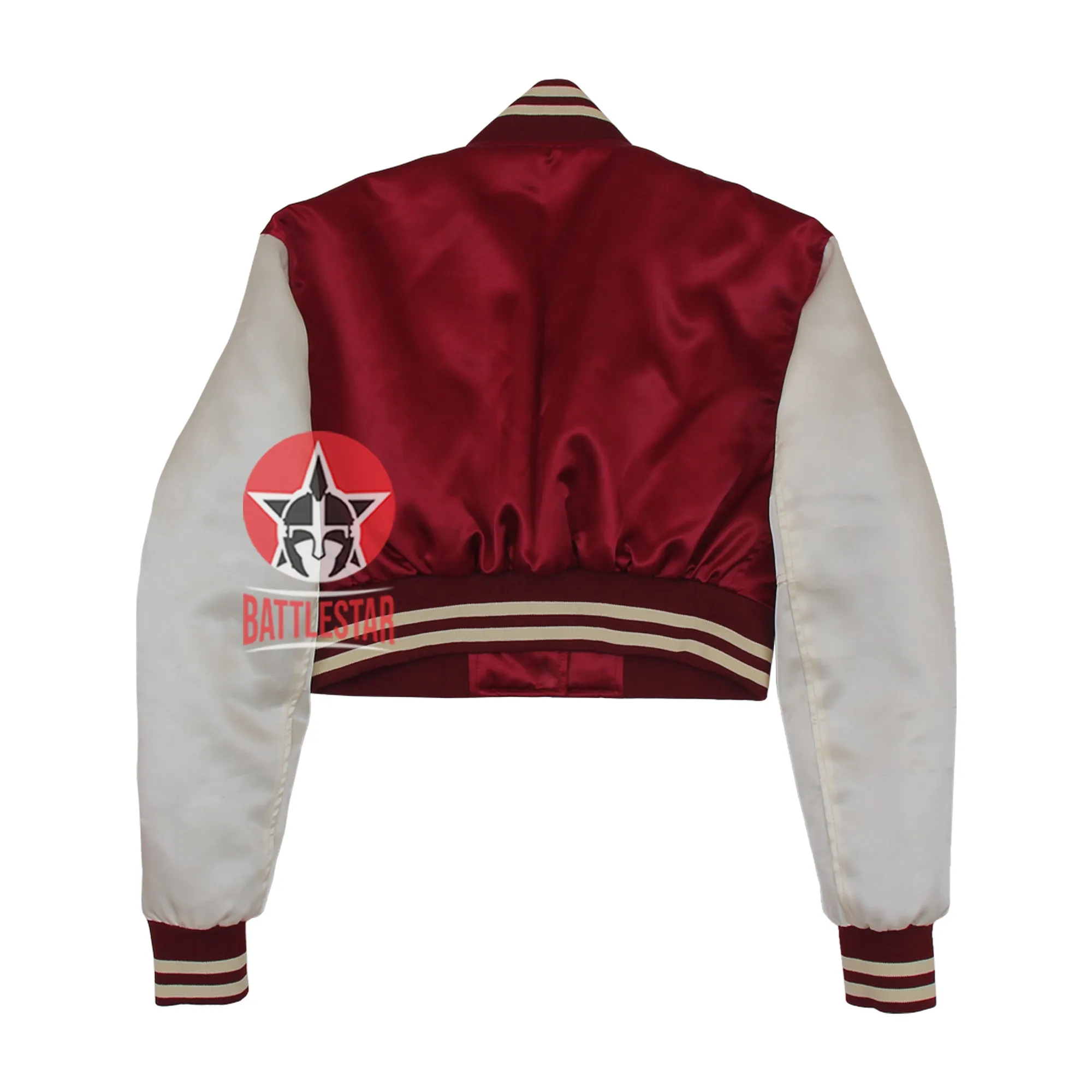 Maroon & Off White Cropped Body Satin Varsity Jacket