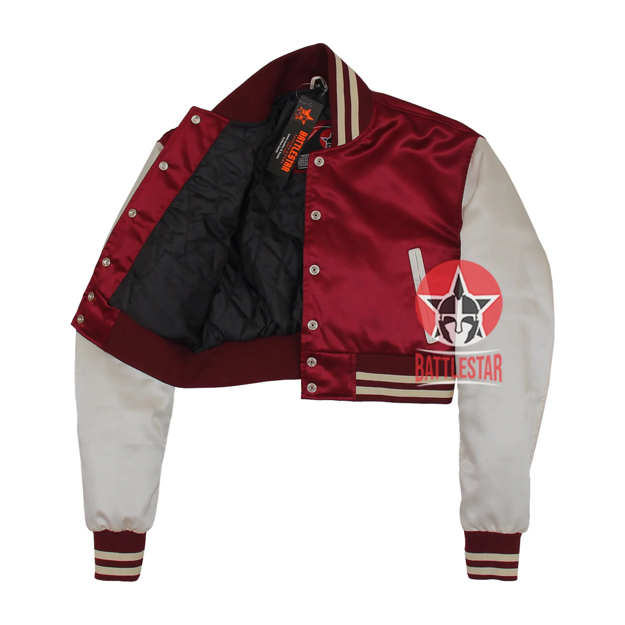 Maroon & Off White Cropped Body Satin Varsity Jacket