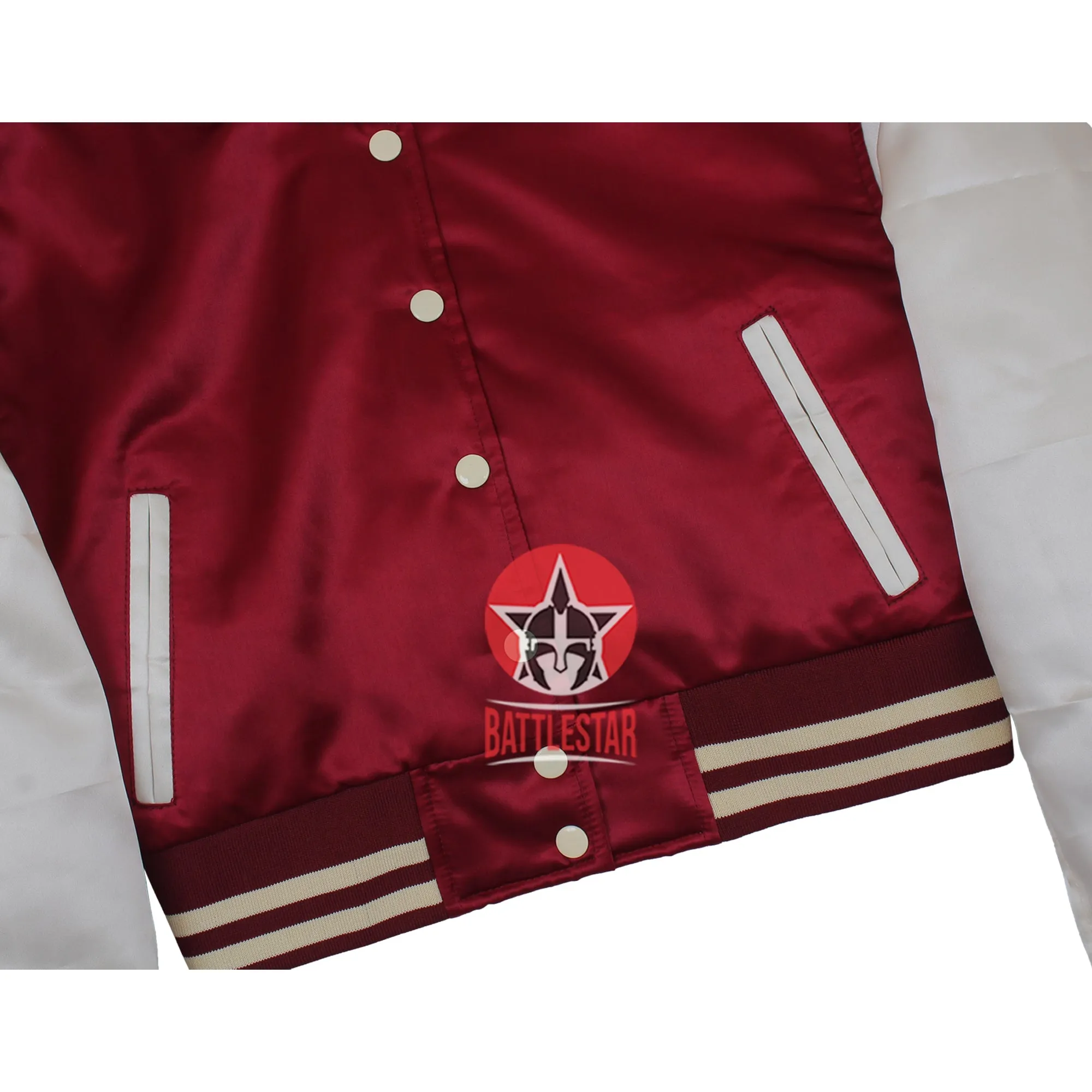 Maroon & Off White Cropped Body Satin Varsity Jacket