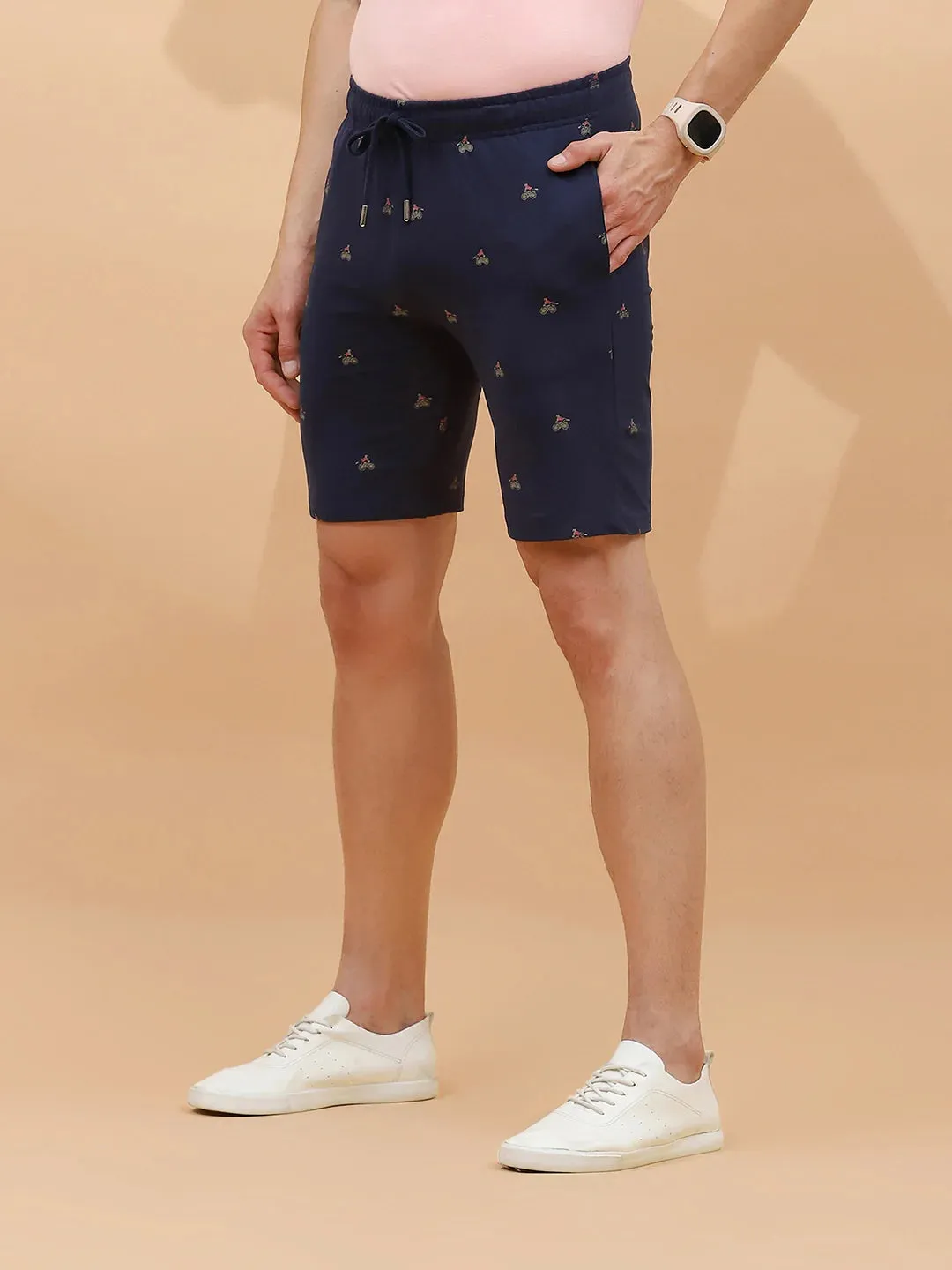 Navy Cotton Regular Fit Shorts For Men