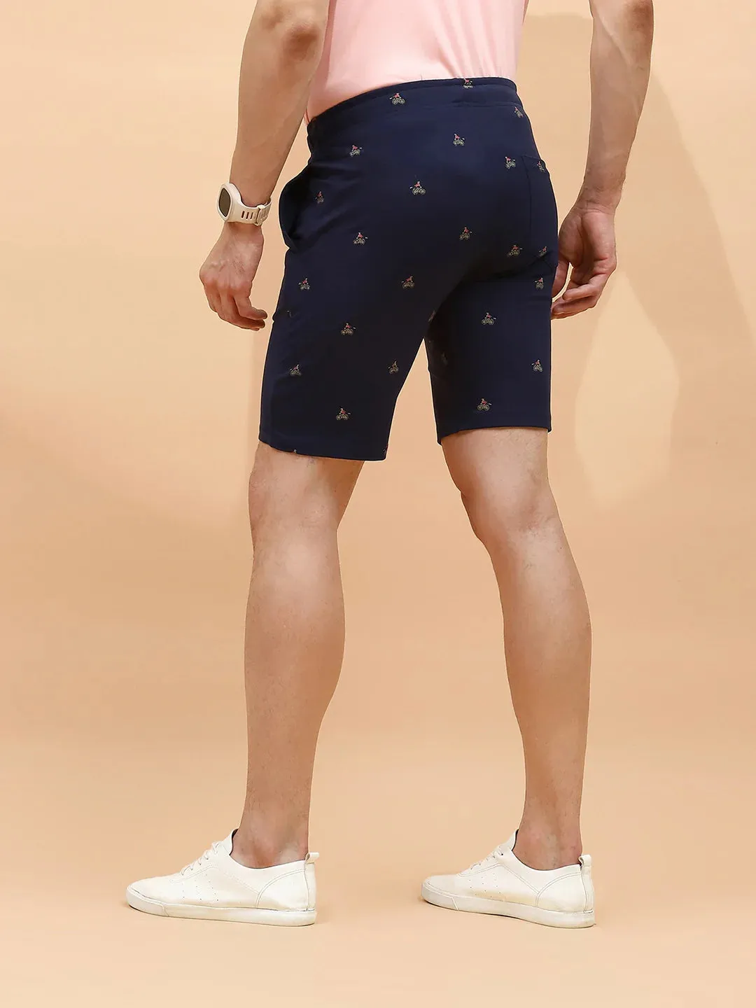 Navy Cotton Regular Fit Shorts For Men