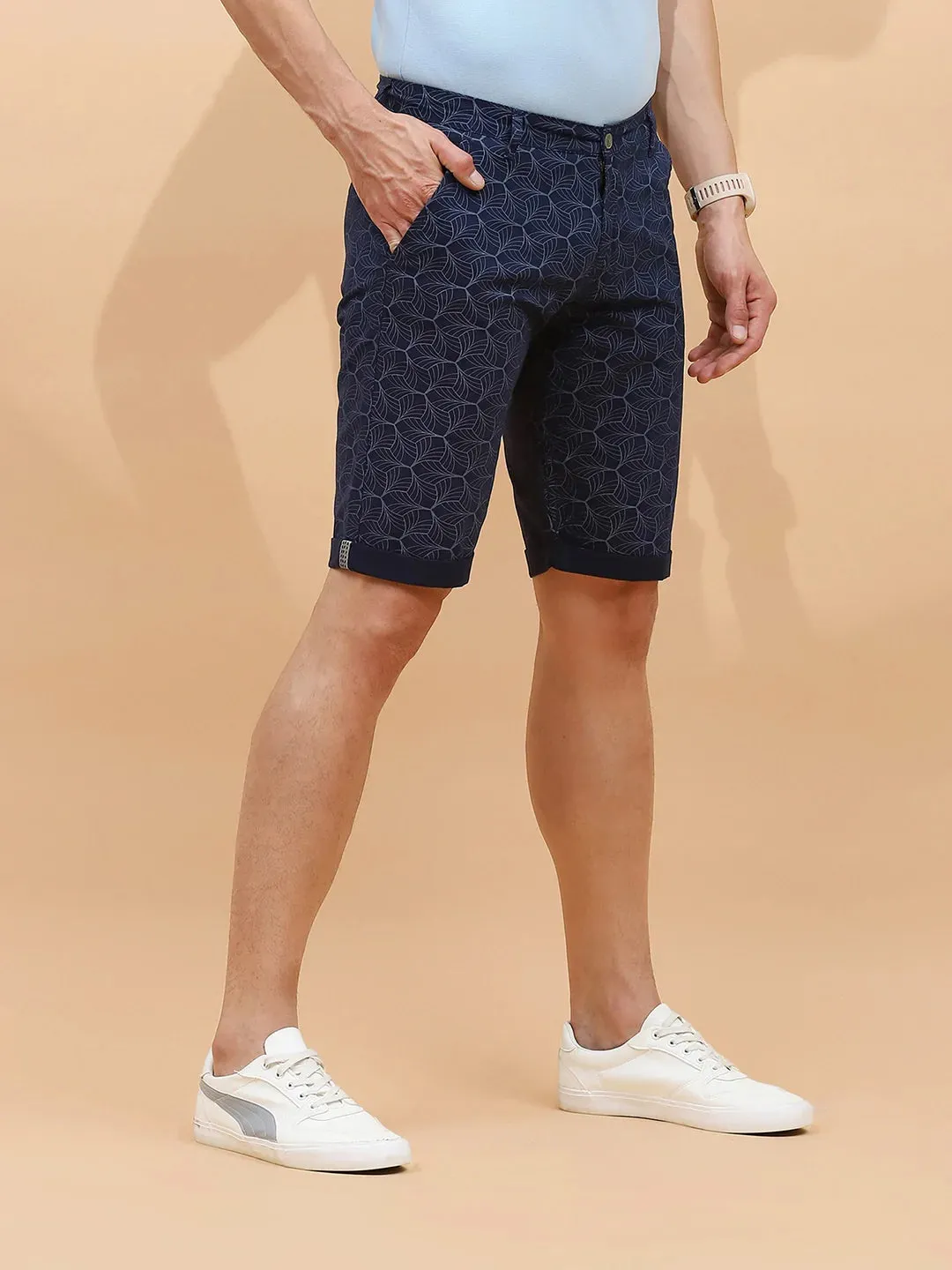 Navy Print Cotton Blend Regular Fit Shorts For Men