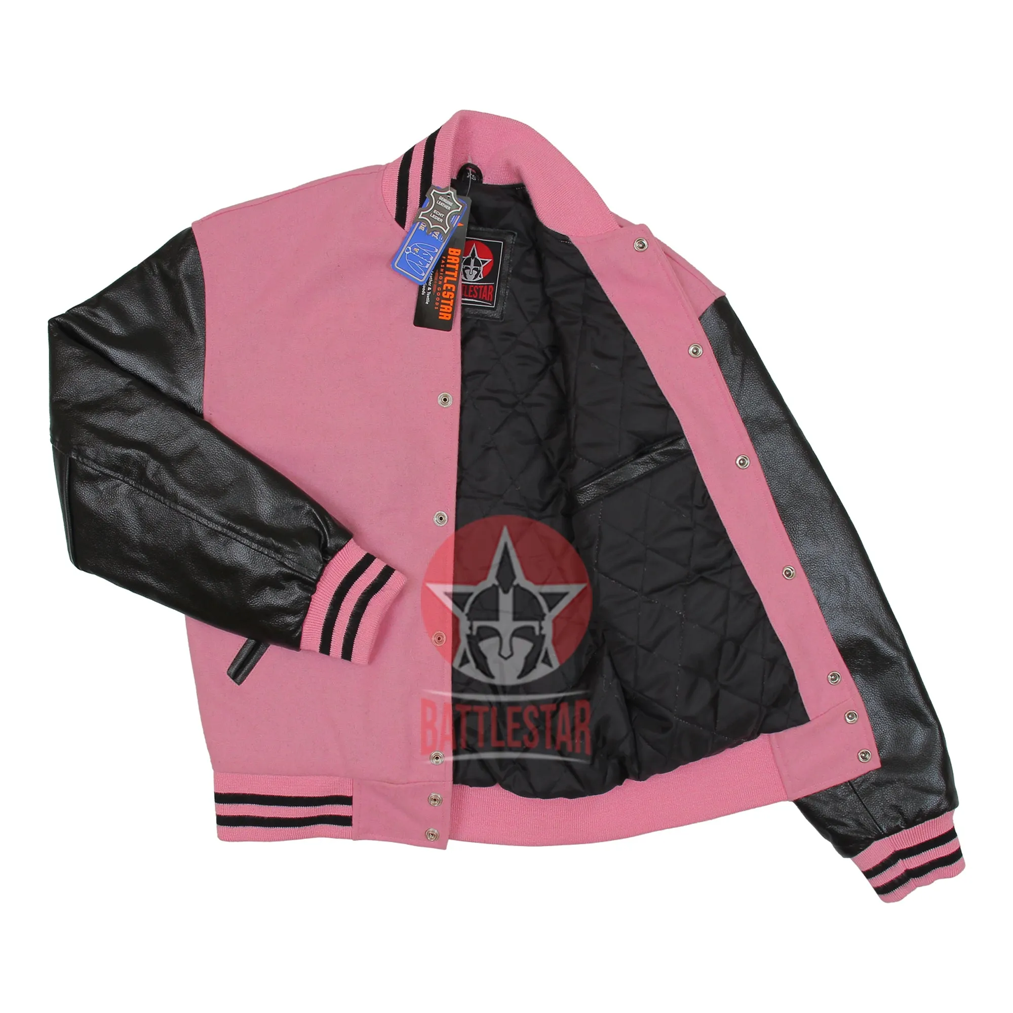 Pink Wool Varsity Jacket Black Leather Sleeves