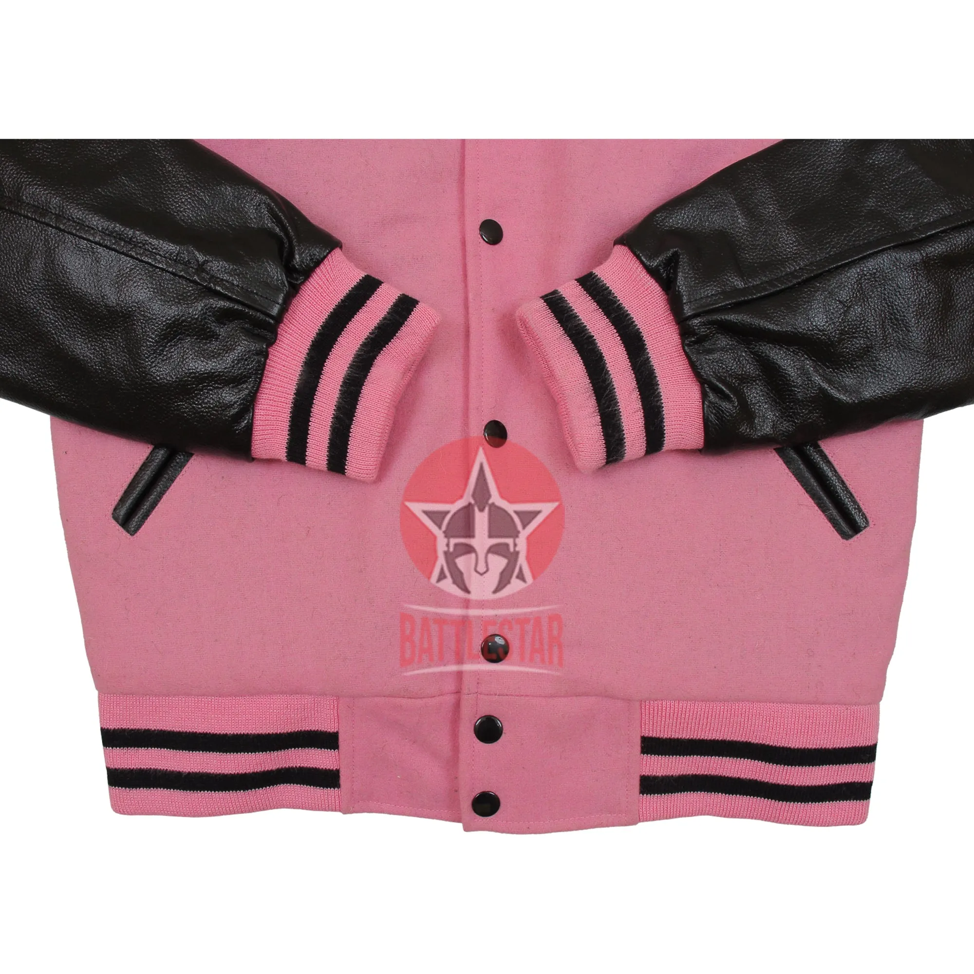 Pink Wool Varsity Jacket Black Leather Sleeves