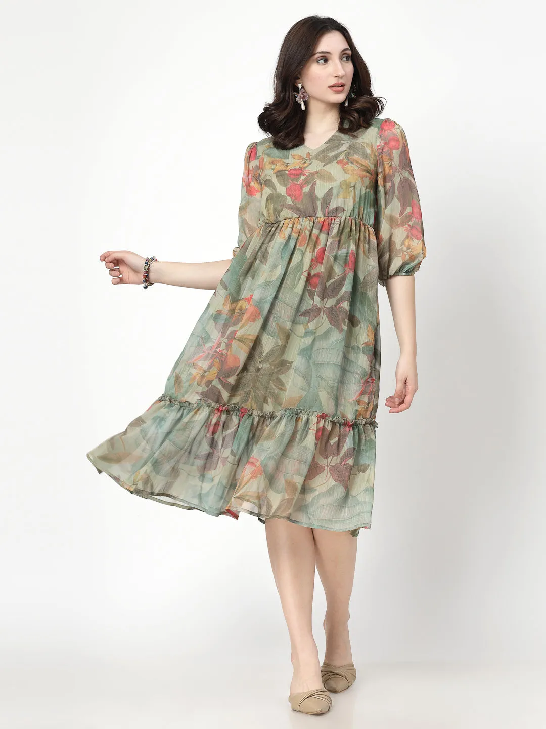 Printed Olive Floral Fit & Flare V Neck Dress For Women