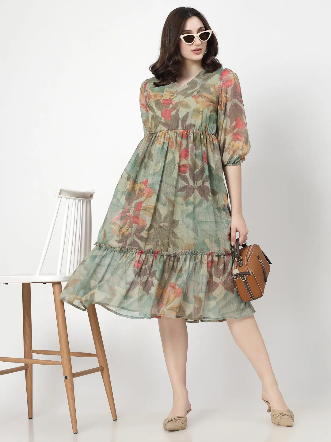 Printed Olive Floral Fit & Flare V Neck Dress For Women