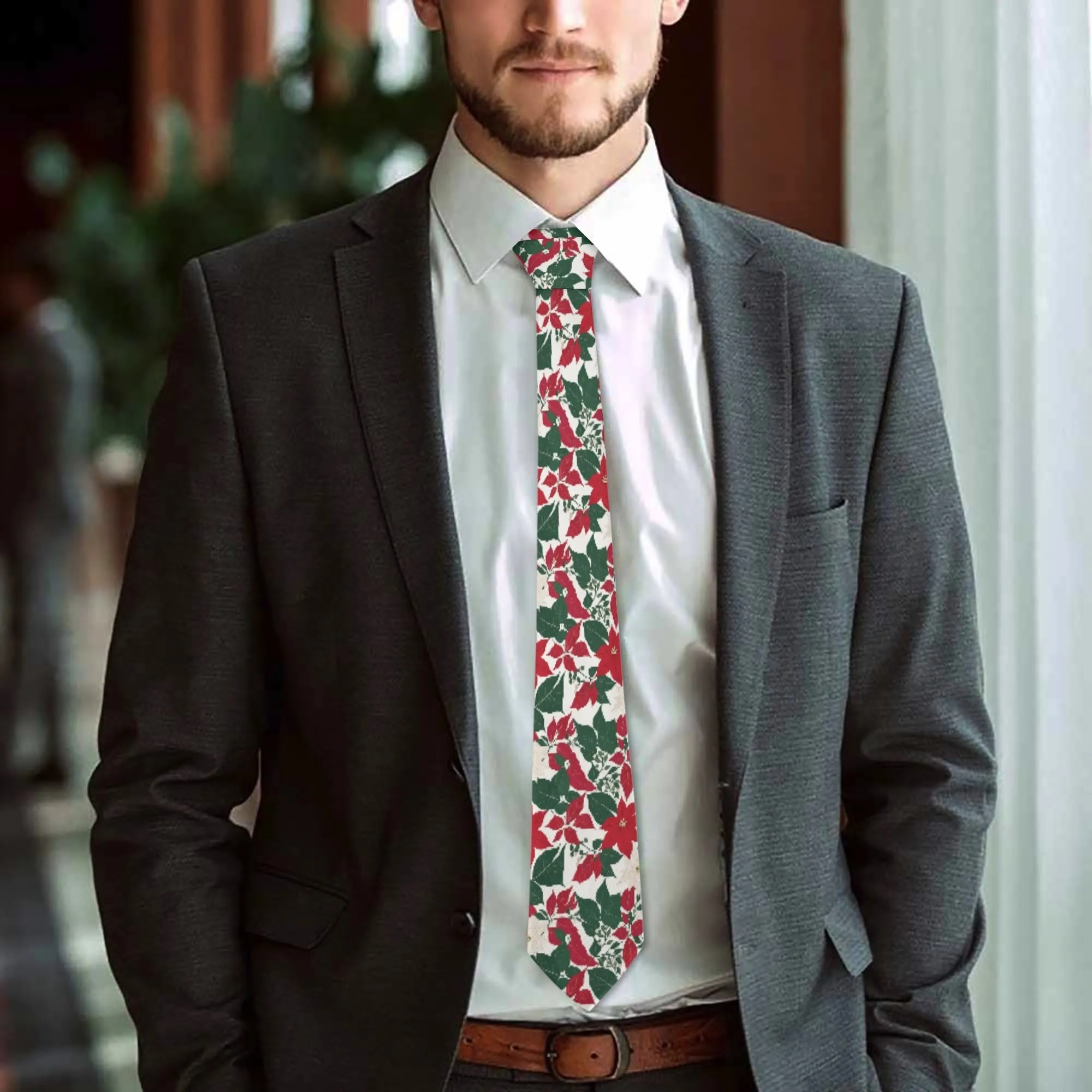 Red And White Poinsettia Flower Necktie