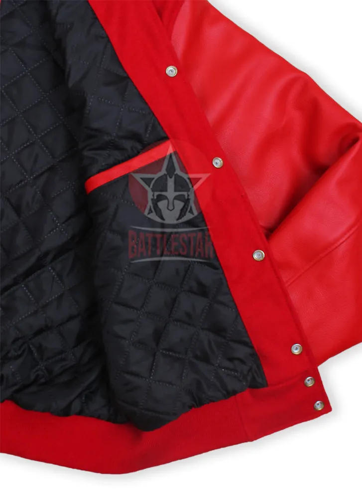 Red Wool & Leather Baseball Bomber Varsity Jacket