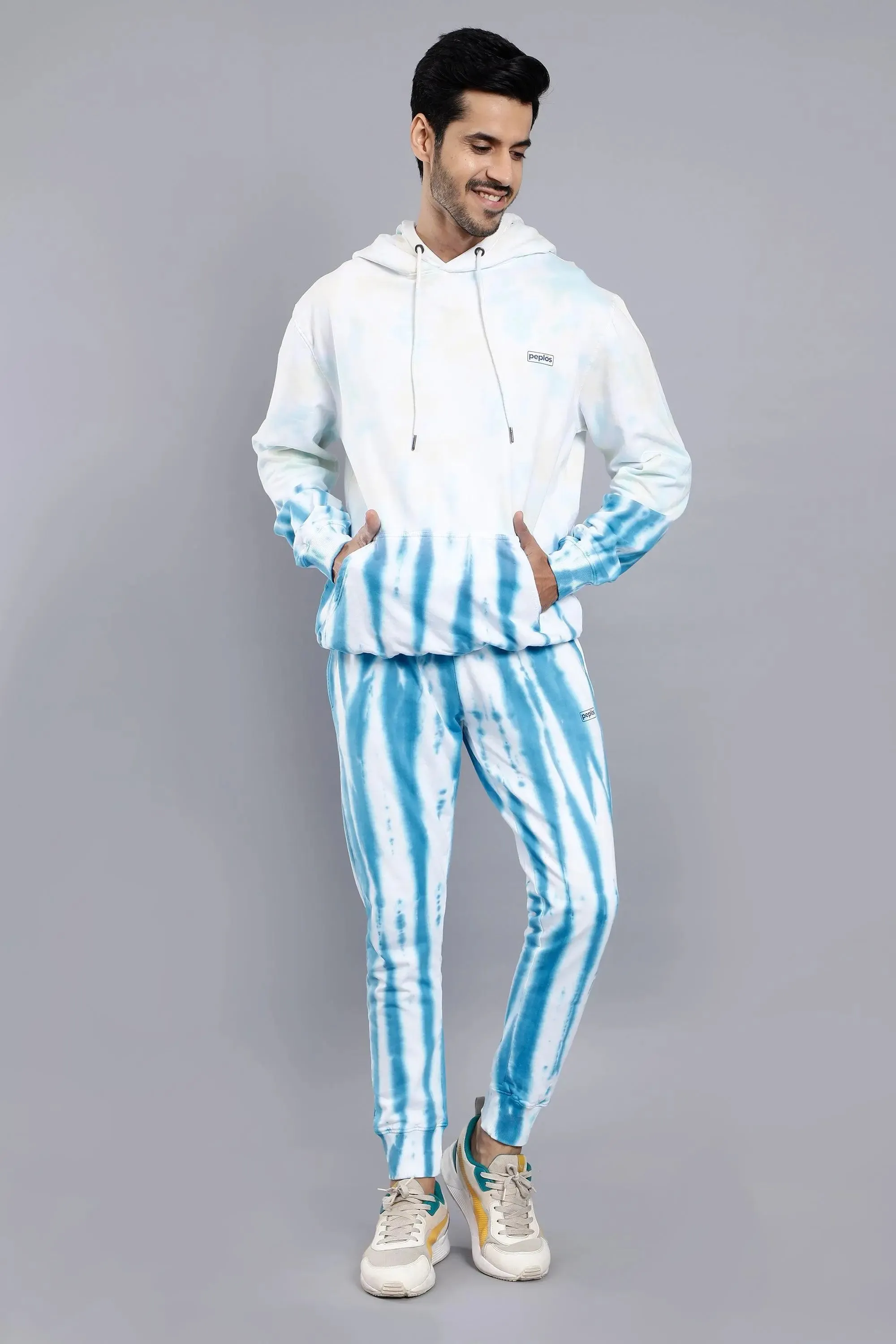 Regular Fit Solid White Tie & Dye Premium Trendy Hoodie For Men